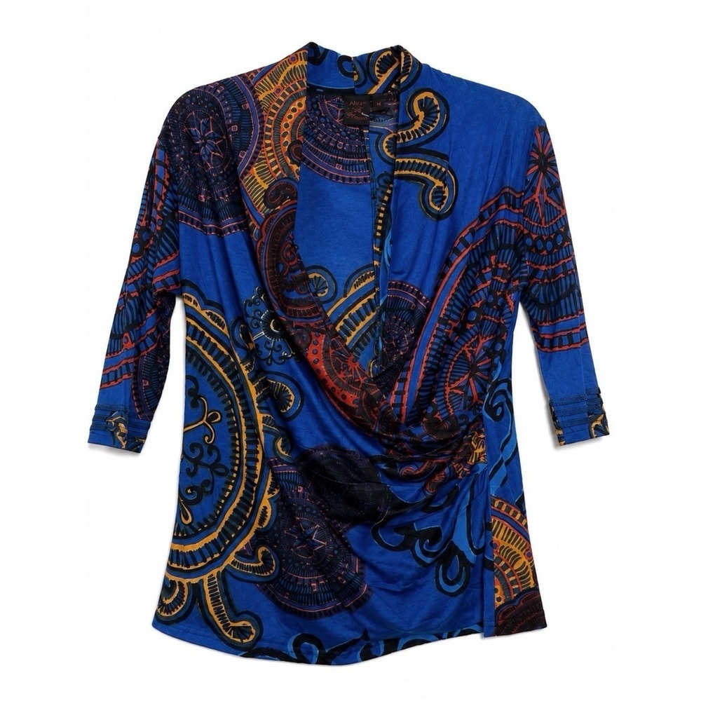 Aller Simplement Blue Abstract Wrap Tunic Top Medium 3/4 Sleeve Artsy Chic Boho